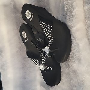 Yellow Box Black Suede Wedge Sandals with Ultra Bling Size 8